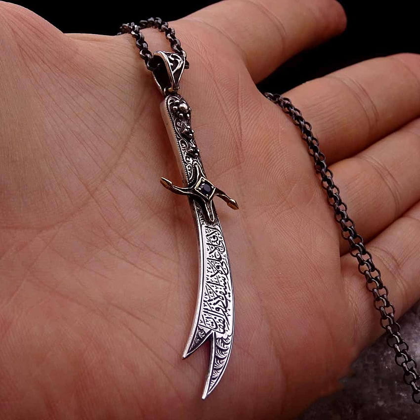 Collana con spada d'argento Imam Ali Zülfikar fatta a mano, ciondolo con spada Sfondo del telefono HD