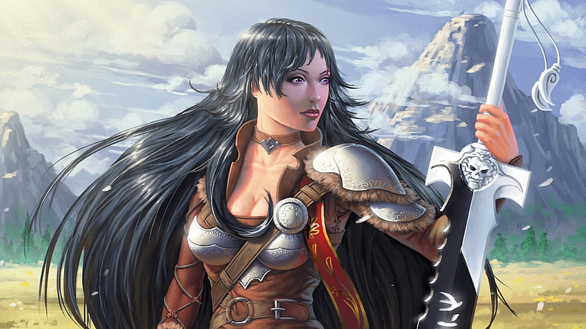 Warrior, Black Hair, Big Sword, Clouds, Mountain, Fantasy Women, black haired female warrior HD wallpaper
