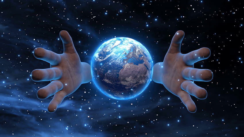 Giant Godly Hands over the Planet Earth, planet background HD wallpaper