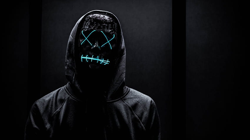 Neon Mask , Man in Black, Dark background, Hoodie, Blue light, graphy, neon face HD wallpaper