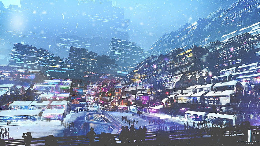 grafika, sztuka cyfrowa, miasto, futurystyczny, cyberpunk, śnieg, światła, miasto na śniegu Tapeta HD
