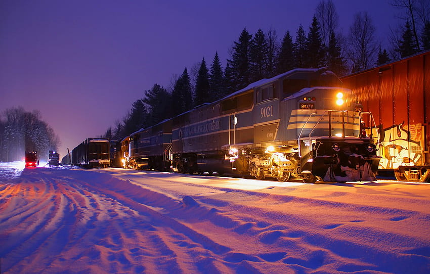 winter, forest, snow, trees, night, lights, train, railroad, locomotive, composition , section разное, winter railroad night HD wallpaper