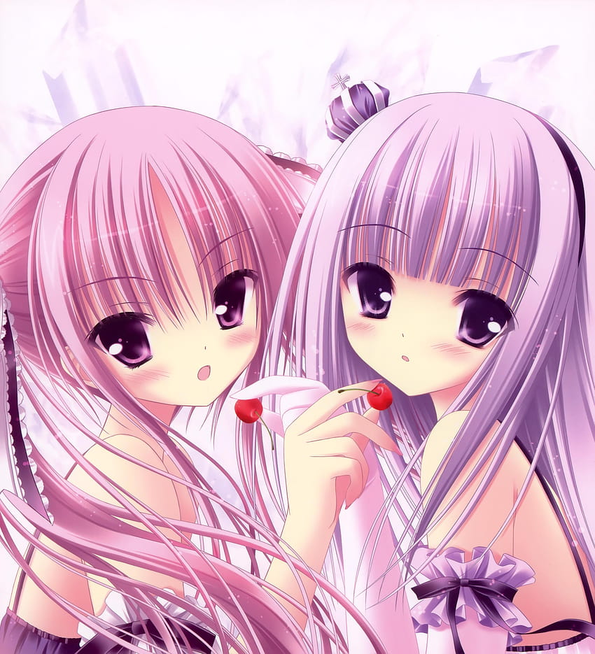 jedzenie, wstążki, wiśnie, fioletowe włosy, różowe włosy, anime, różowe i fioletowe anime Tapeta na telefon HD