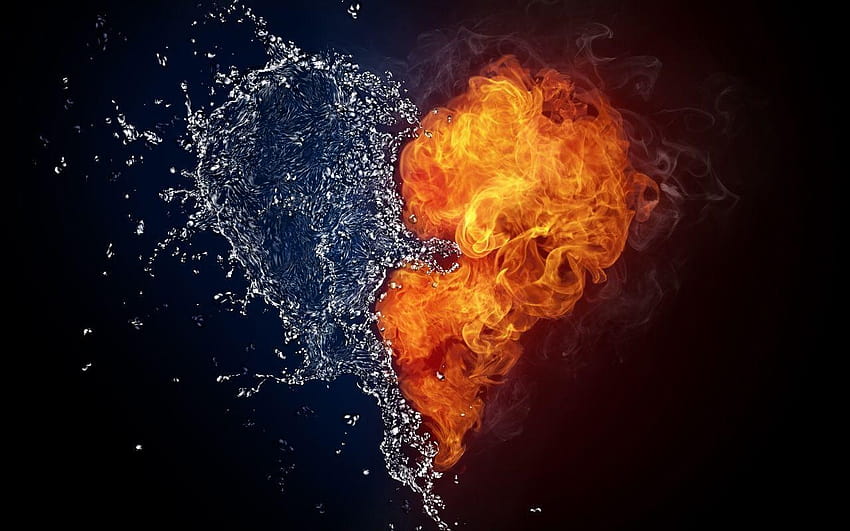Wasser und Feuer Herz ~ Liebe, kühles Wasser und Feuer HD-Hintergrundbild