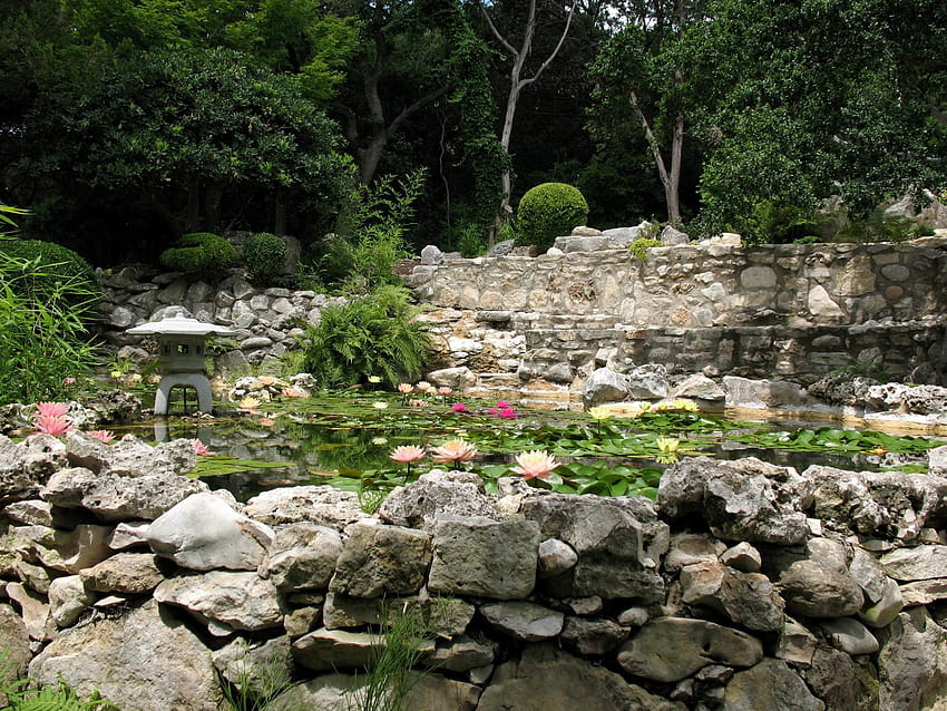 Piedras Estanque China Jardín Agua, jardín de lirios fondo de pantalla