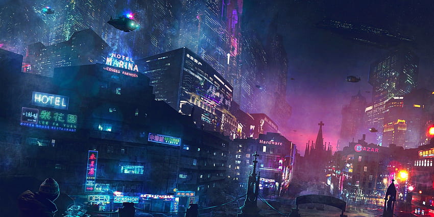 2160x1080 Cyberpunk City, แห่งอนาคต, แสงนีออน, อาคาร, เครื่องบิน วอลล์เปเปอร์ HD