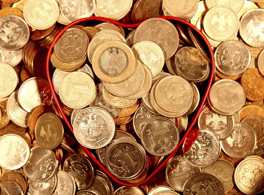 rublo, dinero, monedas, corazón, euro, color dorado, moneda fondo de pantalla