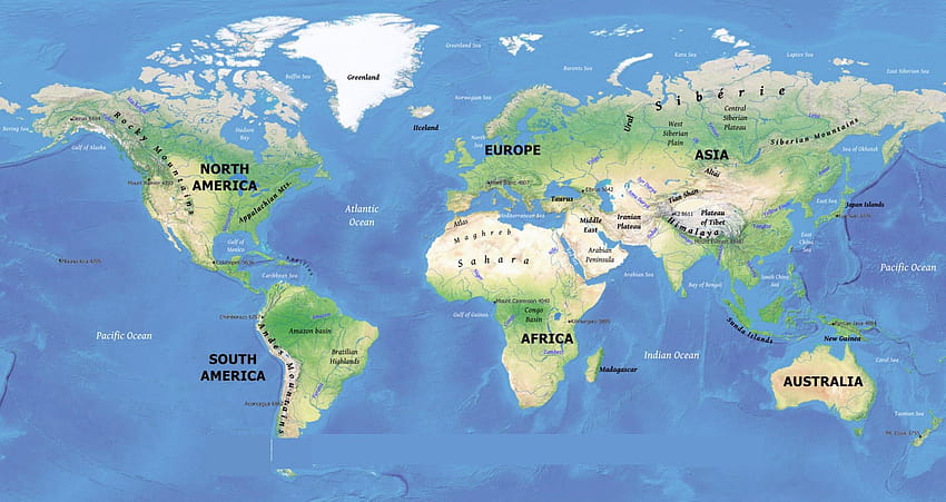 Mapa físico mundial imprimible grande en PDF, mapa mundial fondo de pantalla