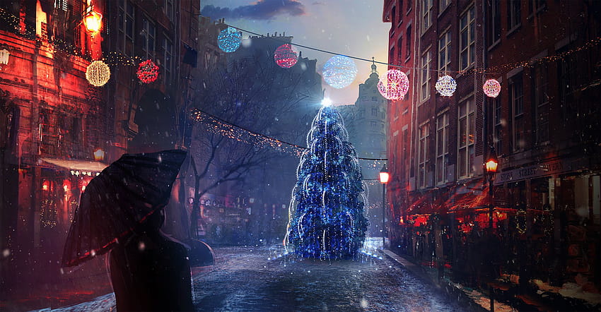 New year New Year tree Street Umbrella Pictorial 2560x1331, anime christmas street HD wallpaper