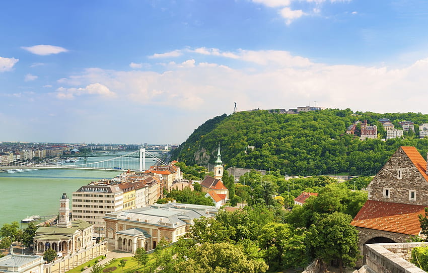 summer, the city, blur, bokeh, view, Hungary, Hungary, Budapest, travel, Budapest, ., my planet, the Danube river, panoramic view, building house trees, the mountain of St. Gerard , section, hungary summer HD wallpaper
