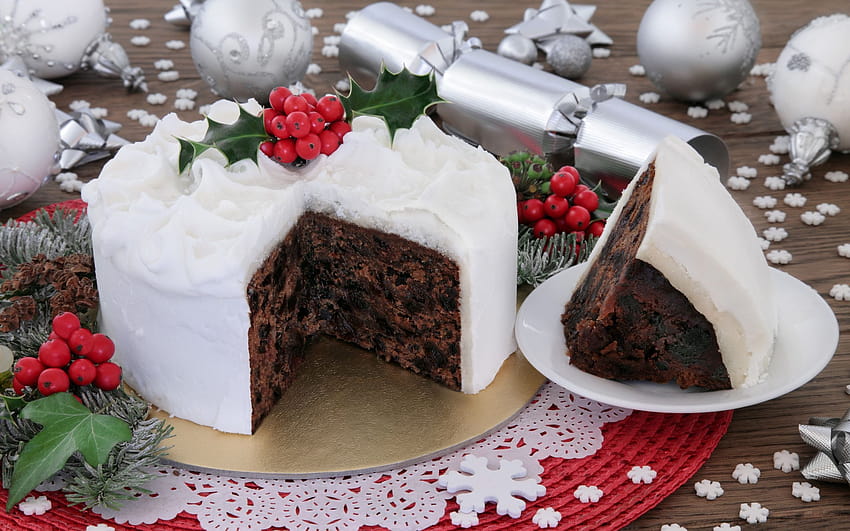 New Years cake, white cream, chocolate cake, silvery Christmas balls, New Year with resolution 2560x1600. High Quality HD wallpaper