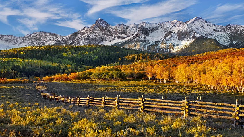 2560x1440 Fences Mountains Autumn Forest PC and Mac, autumn 2560x1440 HD wallpaper