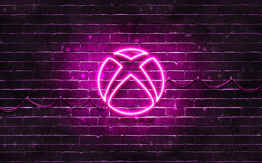 Xbox の紫のロゴ、紫のブリックウォール、Xbox のロゴ、ブランド、Xbox のネオンのロゴ、解像度 3840x2400 の Xbox。 高品質、ネオン Xbox 高画質の壁紙