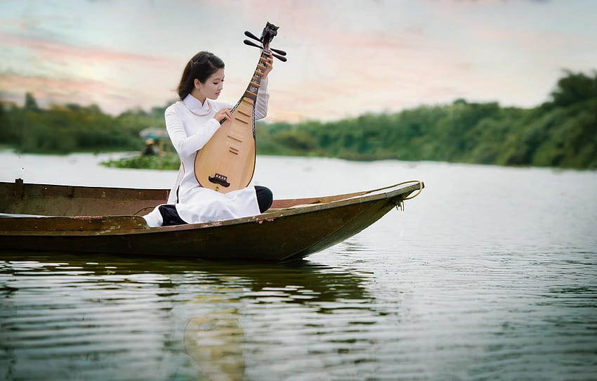 girl, music, boat, tool, Asian, pond, girl on boat HD wallpaper