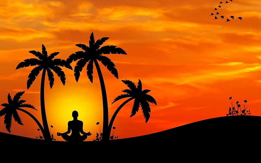 1440x900 Yoga, Palm Trees, Back View, Meditation, Sunset HD wallpaper