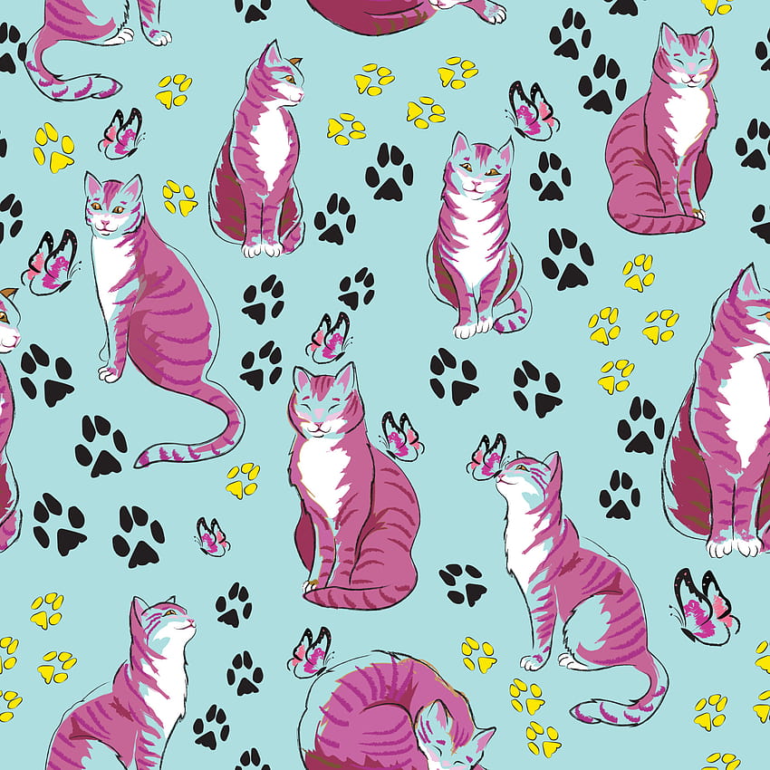 Bezproblemowy wzór vect z różowymi kotami w różnych pozach i śladami zwierząt na niebieskim tle. Doskonały do ​​tekstyliów, papieru do pakowania, projektowania opakowań. 6294800 Grafika wektorowa w Vecteezy Tapeta na telefon HD