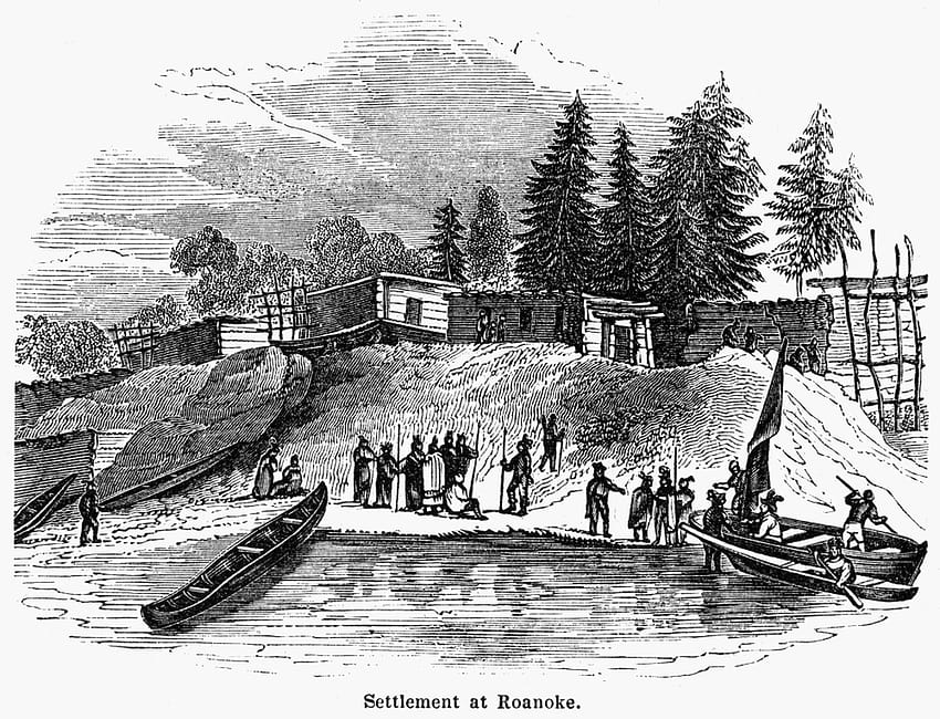Roanoke: Koloni, C1587. /NRoanoke Adası'ndaki Yerleşim, Kuzey Karolina, C1587. Ahşap Gravür, Amerikan, 19. Yüzyıl. Afiş Baskısı Granger HD duvar kağıdı