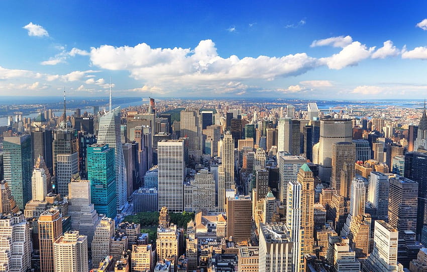 summer, the city, building, New York, blur, Manhattan, New York, Manhattan, skyscrapers, bokeh, clear day, view, travel, ., my planet, sky clouds , section город, manhattan new york HD wallpaper