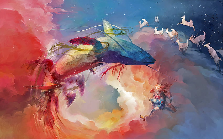 kolor, skrzydełka, chmury, Fantazja, anioł, magia, wieloryb, surrealistyczne, niebo, jeleń ::, podniebne wieloryby Tapeta HD