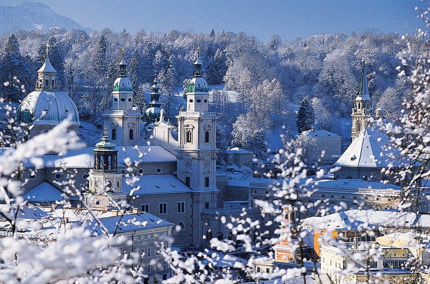 Winter: Pretty Winter Snow Village Blue Town Nature Lovely Mountain HD wallpaper