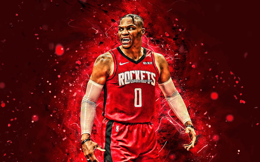 Russell Westbrook, Houston Rockets, 2020, NBA, red neon lights, basketball stars, Russell Westbrook III, basketball, USA, Russell Westbrook Houston Rockets, creative, Russell Westbrook with resolution 3840x2400, houston rockets computer HD wallpaper