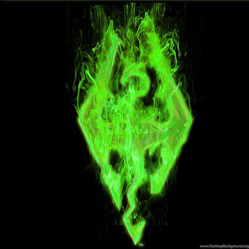 Skyrim Fire Logo, Green Backgrounds, green fire HD phone wallpaper