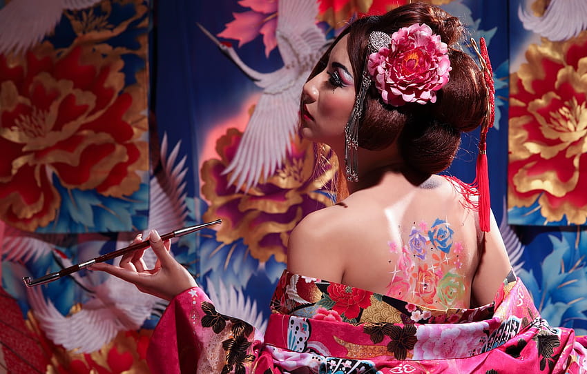 flowers, style, Japanese, back, tube, tattoo, geisha, kimono, Asian , section девушки HD wallpaper