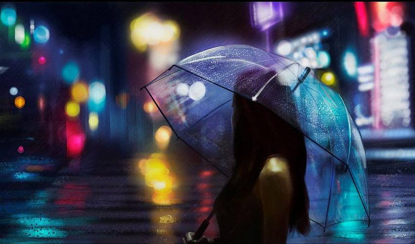 Umbrella girl rain light street beautiful, girl and rain HD wallpaper