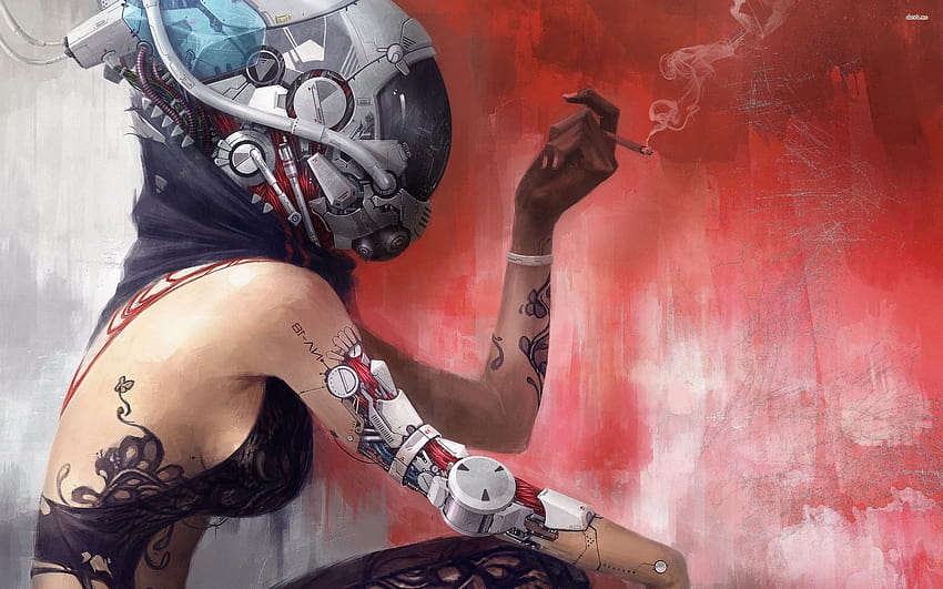 Tattooed cyborg girl, cyborg painting HD wallpaper