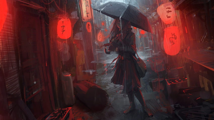 mulheres chuva Chinatown obra de arte Guarda-chuvas Andree Wallin / 1920x1080, China Town Anime papel de parede HD