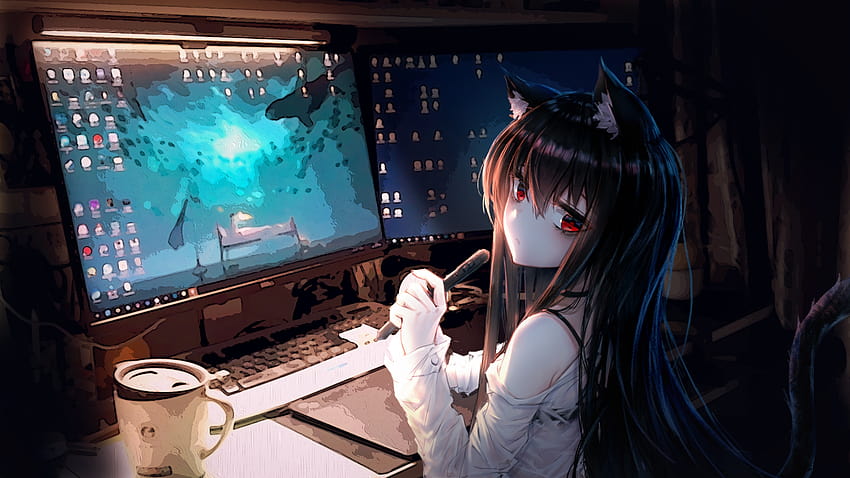2500x1407 Anime Cat Girl, Room, Computer, Animal Ears, Coffee, Cute, pc anime cute HD wallpaper