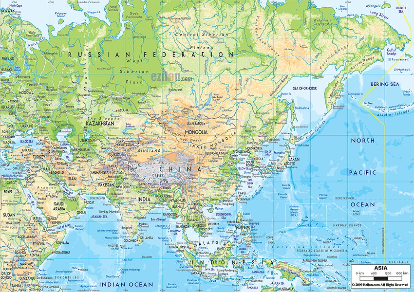 Fizyczna mapa Azji i krajów azjatyckich Mapy, mapa Azji Tapeta HD