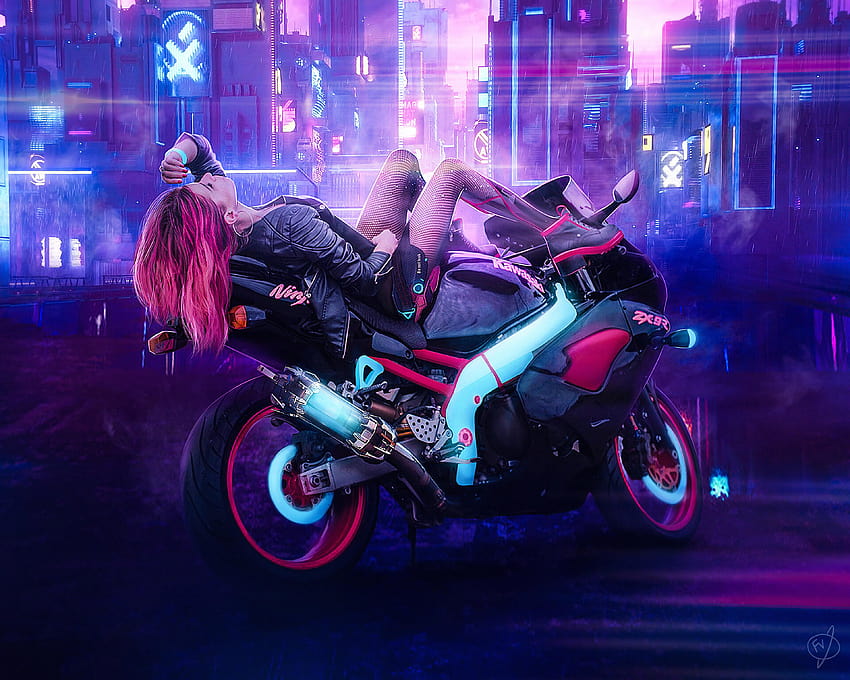 Cyberpunk Girl On Bike, Artis, sepeda motor maya Wallpaper HD