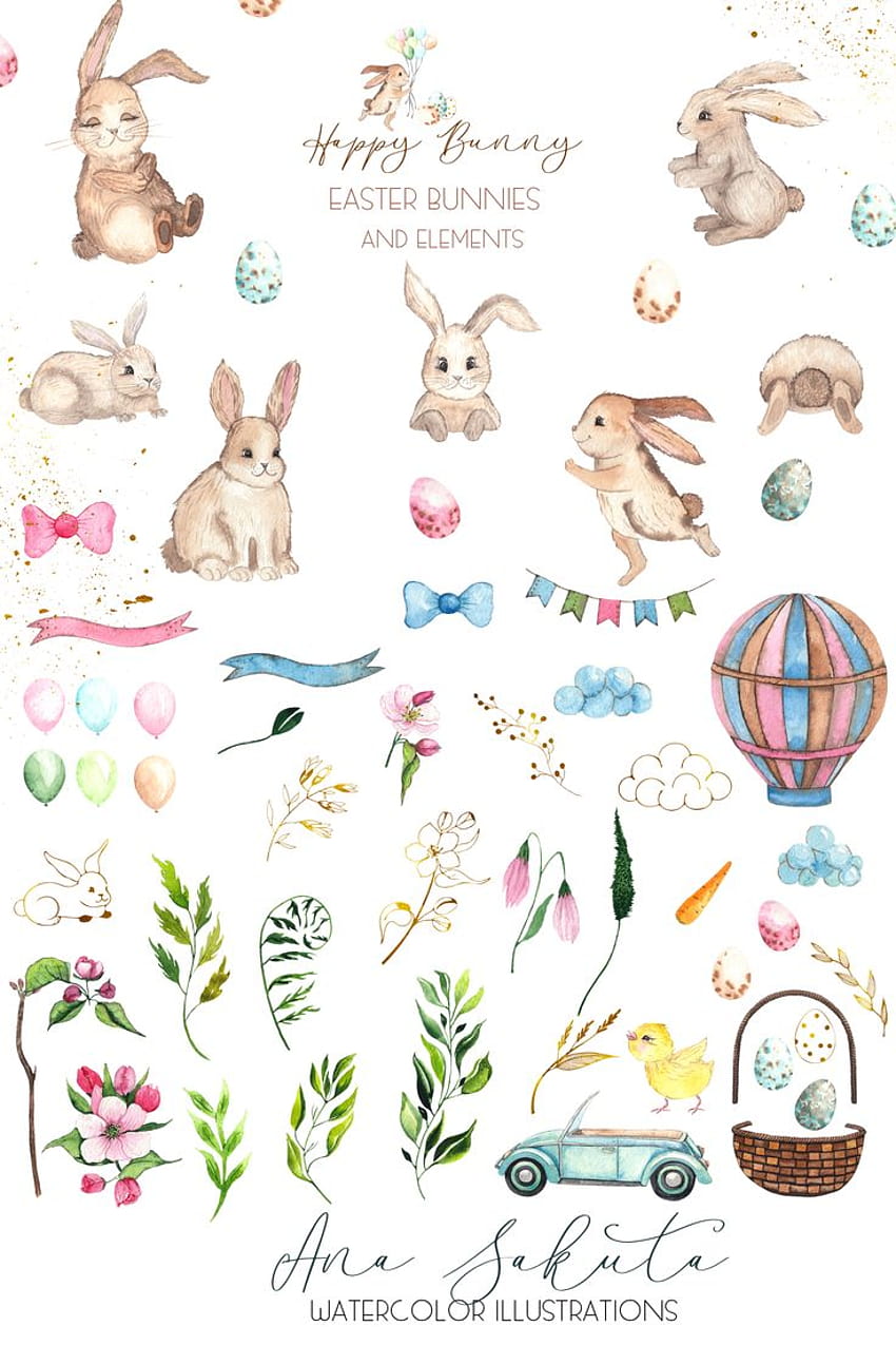 Watercolor Easter Bunnies Clipart. Easter Elements and HD phone ...