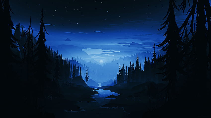 3840x2160 คืนที่มืด แม่น้ำ ป่า น้อยที่สุด น้อยที่สุด artwort วอลล์เปเปอร์ HD