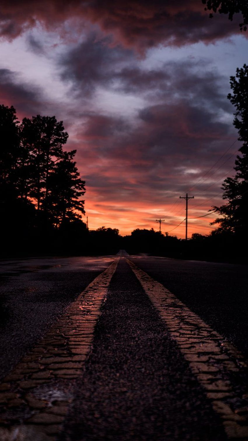 Road, sunset, marking, trees , backgrounds iphone, aesthetic road with trees HD phone wallpaper