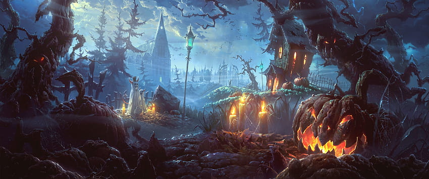 3440x1440 Halloween, Hinterhof, Kerzen, Geister, gruselige Bäume HD-Hintergrundbild