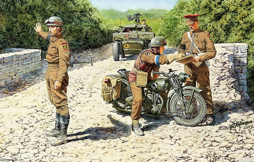 мотоциклет, войници, военни, британски, Втората световна война, контролен пункт, Triumph 3HW , раздел мотоциклы HD тапет