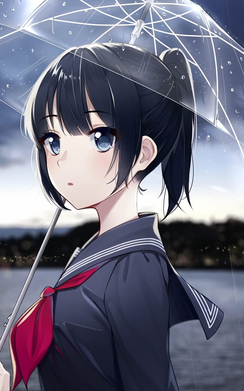 1600x2560 Anime Girl, Guarda-chuva transparente, Escola, rabo de cavalo feminino Papel de parede de celular HD