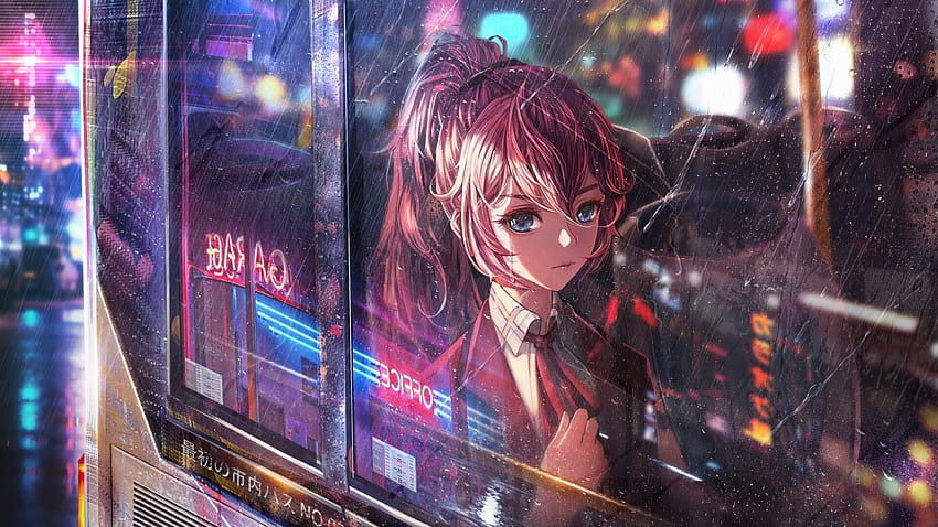 1366x768 Anime Kız Otobüs Penceresi Neon Şehir 1366x768 Çözünürlük HD duvar kağıdı