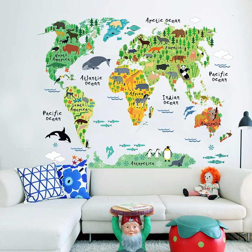 3D 動物の世界地図国分布子供の部屋の壁のステッカー浴室の寝室のリビングルームの装飾壁画 HD電話の壁紙