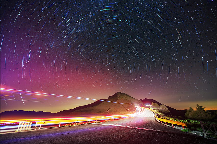 nature, Landscape, Night, Hill, Road, Traffic Lights, Stars, Long, aurora star trail HD wallpaper