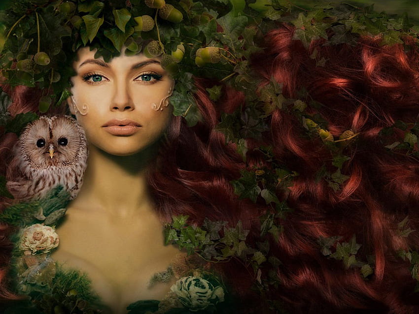 Lady Green Tree Leaves Red Hair Owl Fantasy Art : 13 HD wallpaper