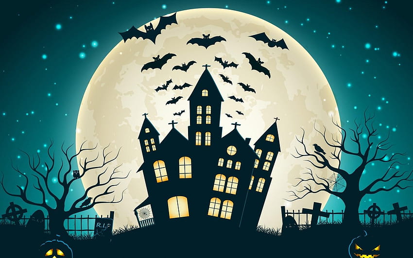 휴일 할로윈 무서운 집 소름 끼치는 보름달 성 박쥐, 할로윈 집 HD 월페이퍼