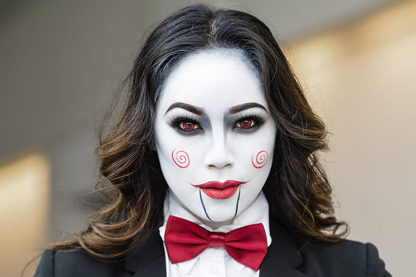 : face, women, cosplay, portrait, red, Person, clothing, head, Billy the Puppet, Saw, beauty, woman, costume, fictional character, supervillain, mime artist 2048x1367 HD wallpaper