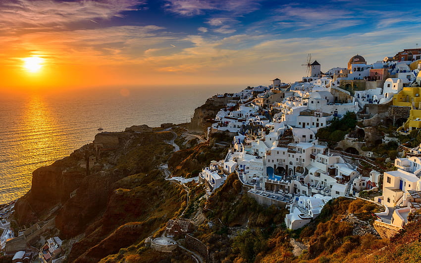 Santorini Island In Greece Aegean Sea Sunset For Mobile Phones And Laptops 5200×3250 HD wallpaper