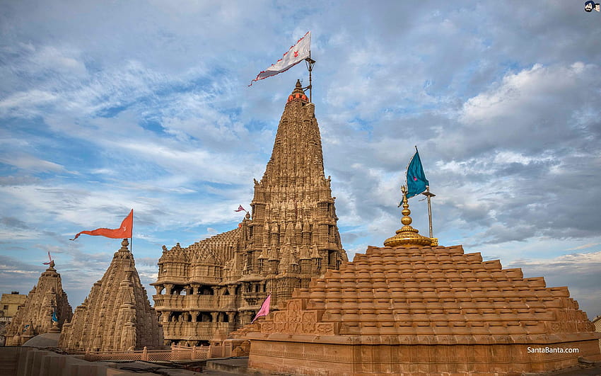 Der Dwarkadhish-Tempel, Dwarka, Gujarat, Indien. Auch bekannt als HD-Hintergrundbild