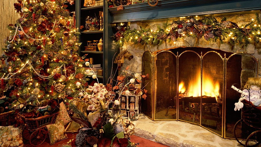 クリスマスの暖炉の背景、暖炉のシーンのコンピューター 高画質の壁紙