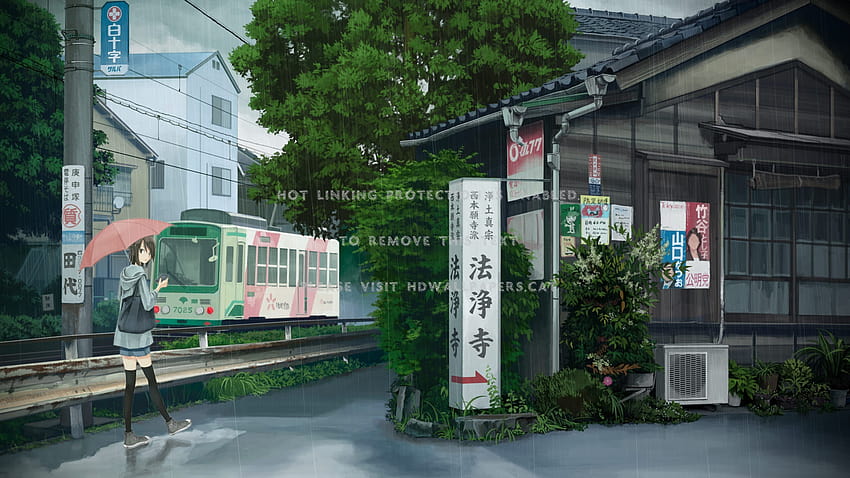 anime street rain train japan umbrella girl, japanese anime train HD wallpaper