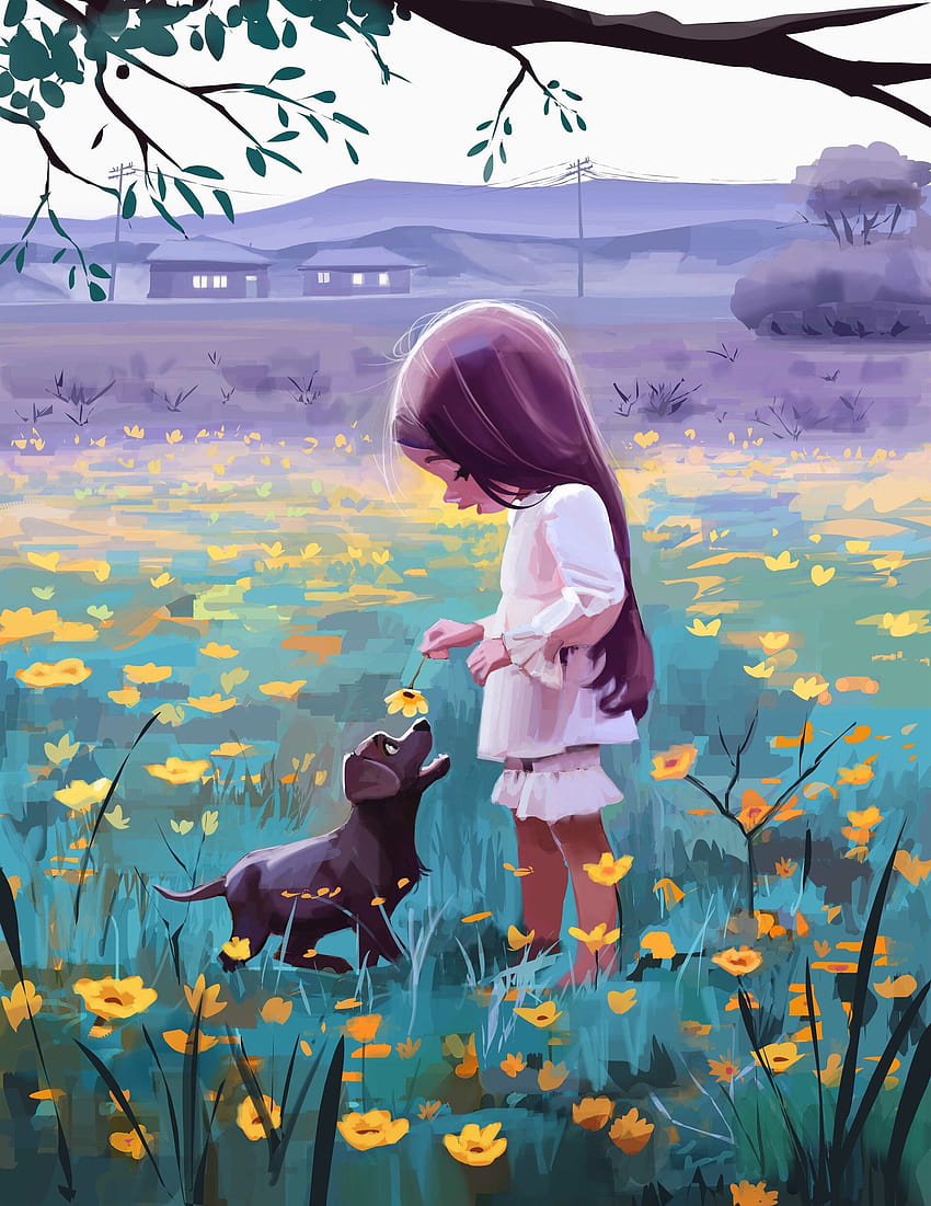 1920x2487 girl, dog, flowers, pet, cute backgrounds, dog girl HD phone wallpaper